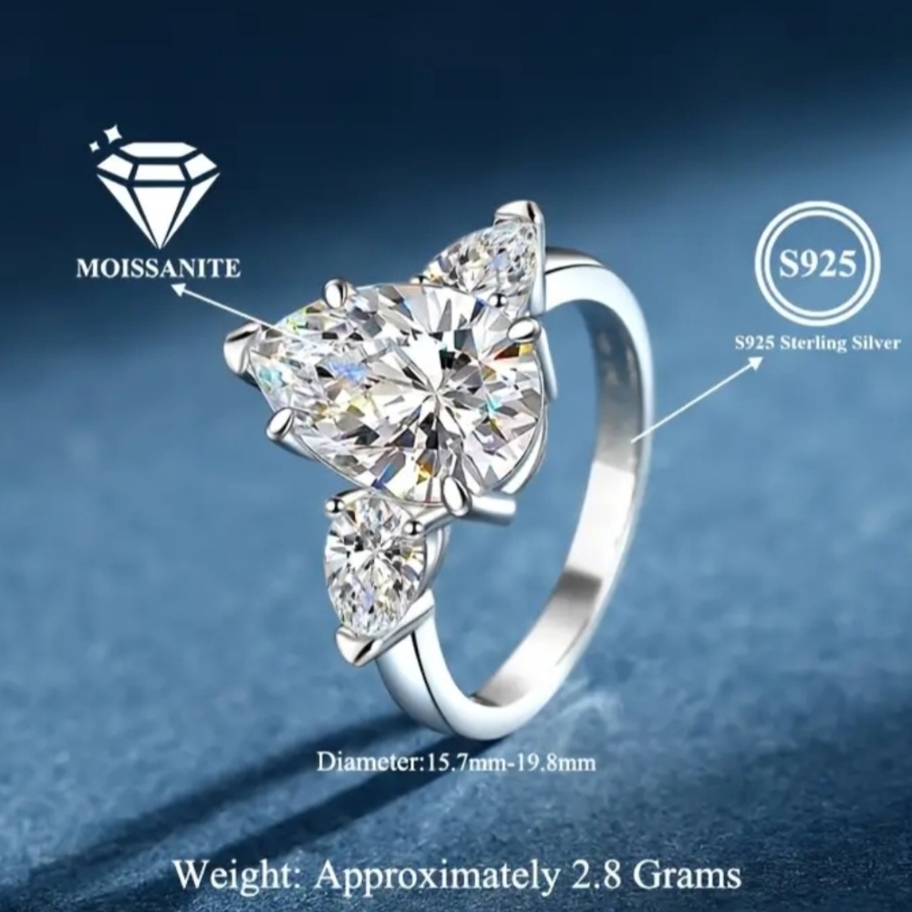 2 Carat Moissanite S925 Sterling Silvery Pear Cut Ring Size 6 - Picture 8 of 9